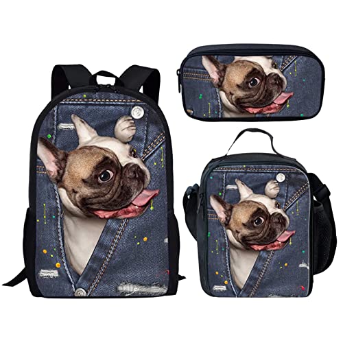 Kuiaobaty Französische Bulldogge Jungen Mädchen Schulrucksack Set Jean Pocket Dog Daypack, Lustiger Hund Puppy Schulter Teenager Studenten Taschen Lunchboxen Federmäppchen für Teenager von Kuiaobaty