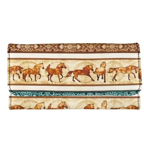 Kuiaobaty Frauen Casual Geldbörse Reißverschluss Bargeld Tasche, Brieftaschen Snap Closure Card Organizer Scheckbuchhalter, Tribal Horses Khaki, Casual von Kuiaobaty