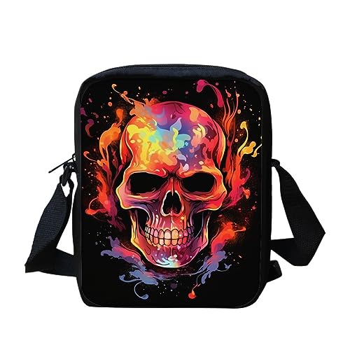 Kuiaobaty Frauen Crossbody Tasche Kleine Kuriertasche für Schulmädchen mit verstellbarem Riemen Damen Kleine Umhängetasche, Feuer-Totenkopf-Muster von Kuiaobaty