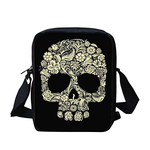 Kuiaobaty Frauen Kleine Umhängetasche Handytasche Kleine Messenger Bag für Schule Junge Mädchen Schulterhandtaschen, Gothic-Totenkopf mit floralem von Kuiaobaty