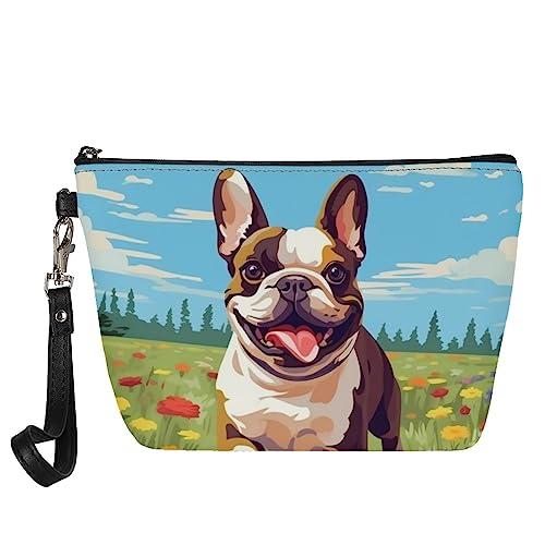 Kuiaobaty Frauen Kosmetiktasche Reise Kulturbeutel Waschbeutel für Damen Leder Make-up Tasche Schönheit Tasche Geldbörse, Bulldogge Floral, Taschen-Organizer von Kuiaobaty