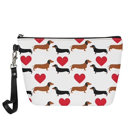 Kuiaobaty Frauen Kosmetiktasche Reise Kulturbeutel Waschbeutel für Damen Leder Make-up Tasche Schönheit Tasche Geldbörse, Dackel-Hundeherzen, Taschen-Organizer von Kuiaobaty