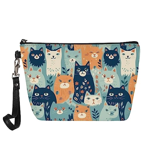 Kuiaobaty Frauen Kosmetiktasche Reise Kulturbeutel Waschbeutel für Damen Leder Make-up Tasche Schönheit Tasche Geldbörse, Katzen Blumen, Taschen-Organizer von Kuiaobaty