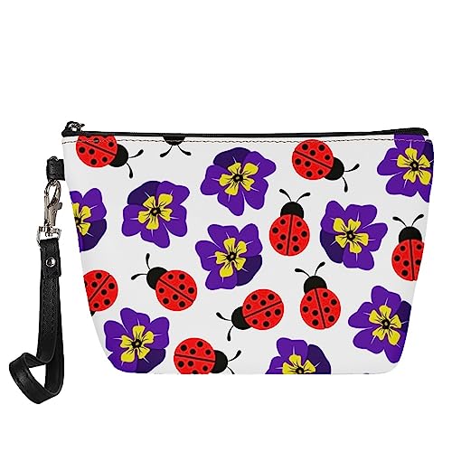 Kuiaobaty Frauen Kosmetiktasche Reise Kulturbeutel Waschbeutel für Damen Leder Make-up Tasche Schönheit Tasche Geldbörse, Marienkäfer Floral, Taschen-Organizer von Kuiaobaty