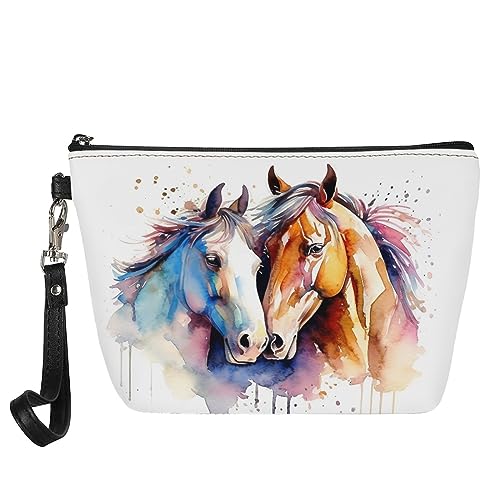 Kuiaobaty Frauen Leder Kosmetiktasche Beutel Mädchen Make-up Tasche Reise Tragbare Kulturbeutel Kulturbeutel Casual Schönheit Tasche, Aquarell Pferde, Taschen-Organizer von Kuiaobaty