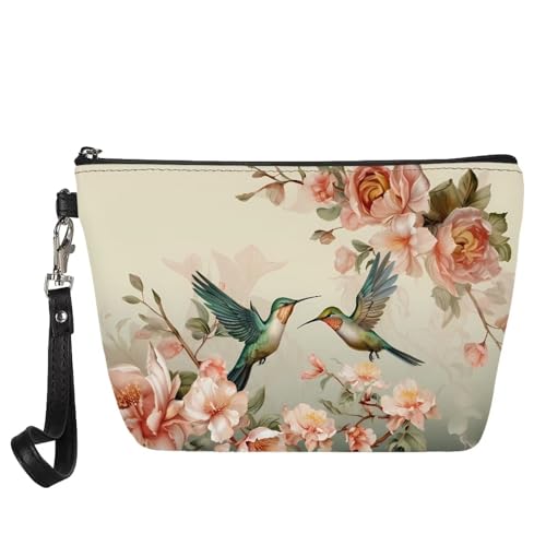 Kuiaobaty Frauen Leder Kosmetiktasche Beutel Mädchen Make-up Tasche Reise Tragbare Kulturbeutel Kulturbeutel Casual Schönheit Tasche, Landschaft Kolibri Blume, Taschen-Organizer von Kuiaobaty