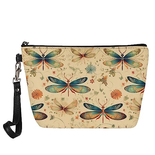 Kuiaobaty Frauen Leder Kosmetiktasche Beutel Mädchen Make-up Tasche Reise Tragbare Kulturbeutel Kulturbeutel Casual Schönheit Tasche, Libellen-Blumenmuster, Taschen-Organizer von Kuiaobaty