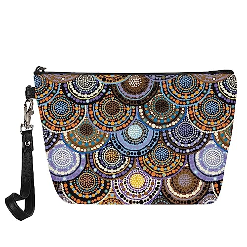 Kuiaobaty Frauen Leder Kosmetiktasche Beutel Mädchen Make-up Tasche Reise Tragbare Kulturbeutel Kulturbeutel Casual Schönheit Tasche, Tribal Dots Art, Taschen-Organizer von Kuiaobaty