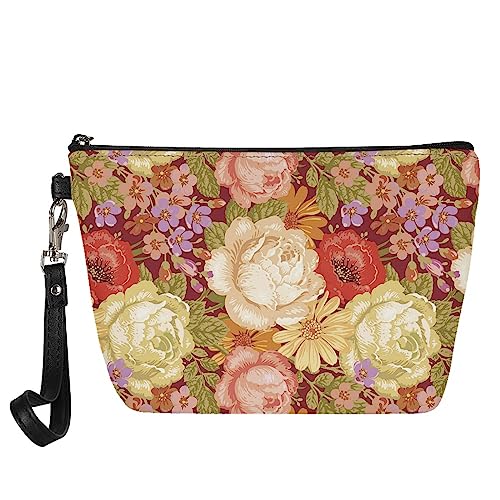 Kuiaobaty Frauen Leder Make-up Tasche Damen Tragbare Waschbeutel Kulturbeutel für Reise Mädchen Kosmetiktasche Beauty Bag, Pfingstrose Floral, Taschen-Organizer von Kuiaobaty