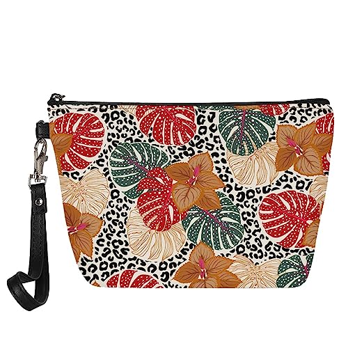 Kuiaobaty Frauen Leder Make-up Tasche Damen Tragbare Waschbeutel Kulturbeutel für Reise Mädchen Kosmetiktasche Beauty Bag, Tropisches Blatt Leopard, Taschen-Organizer von Kuiaobaty