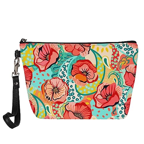 Kuiaobaty Frauen Leder Make-up Tasche Organizer Mädchen Reise Tragbare Kulturbeutel Waschtasche Damen Kosmetiktasche für Geldbörse, Rote Blumen, Taschen-Organizer von Kuiaobaty