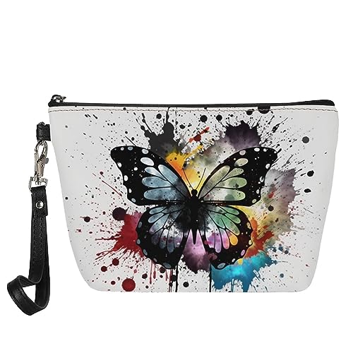 Kuiaobaty Frauen Leder Make-up Tasche Organizer Mädchen Reise Tragbare Kulturbeutel Waschtasche Damen Kosmetiktasche für Geldbörse, Schwarzer Schmetterling Farbspritzer, Taschen-Organizer von Kuiaobaty