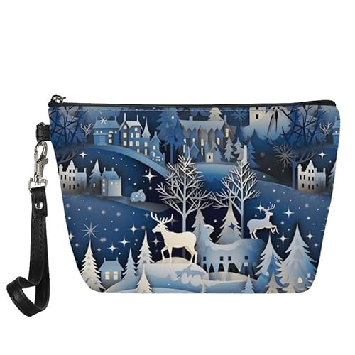 Kuiaobaty Frauen Make-up Tasche Retro Malerei Floral Reise Kosmetiktasche Beutel, Aquarell Tiere Mädchen Kulturbeutel Leder Geldbörse, Winter-Weihnachtsstadt, Taschen-Organizer von Kuiaobaty