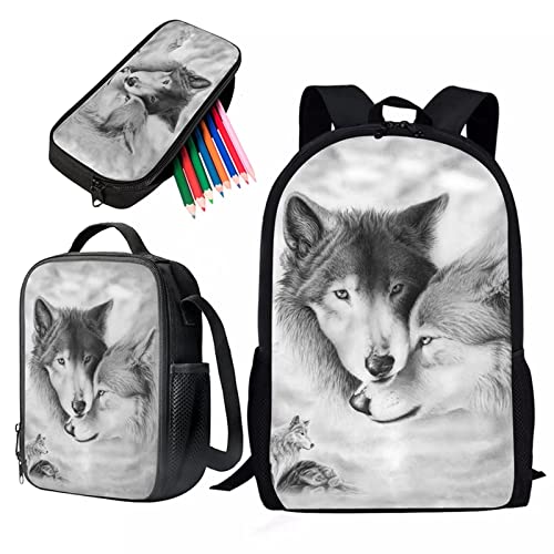 Kuiaobaty Grey Wolf Paar Schultasche Lässiger Tagesrucksack für Teenager Jungen Mädchen, Tribal Wolves Animal Student Rucksack 3-in-1 Wandern Reisen Camping Rucksack von Kuiaobaty