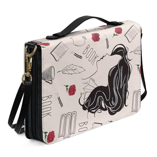 Kuiaobaty Handzeichnung Lady Book Cover Griff Neuartige Hülle für Frauen, veganes PU-Leder, mittlere Büchertasche mit Stift-Handyfächern, Größe M von Kuiaobaty