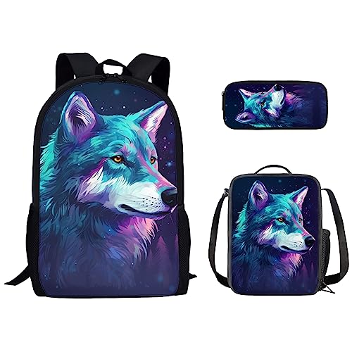 Kuiaobaty Kinder-Schulrucksack, 3 Stück, für Mädchen und Jungen, Dinosaurier, Fußball, Wolf, Pferd, Schultertaschen, Teenager, Studenten, Lunchtasche, Wolf Starry von Kuiaobaty