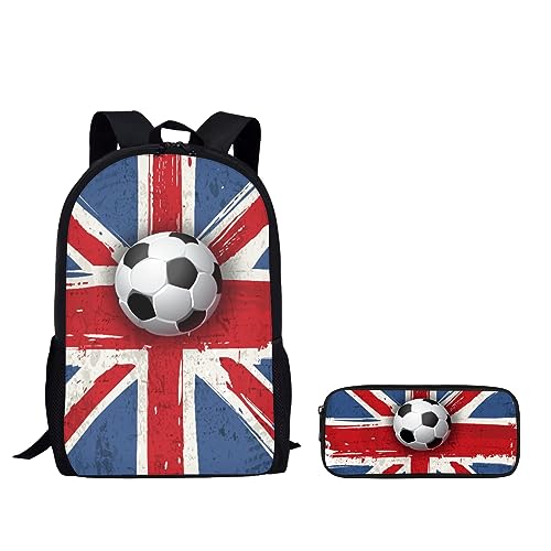 Kuiaobaty Kinder Schulrucksack von 2 Pack Kinder Schultasche mit Federmäppchen Große Kapazität Rucksack Stifteetui Set, Fußball mit britischer Flagge, Rucksack Rucksäcke von Kuiaobaty