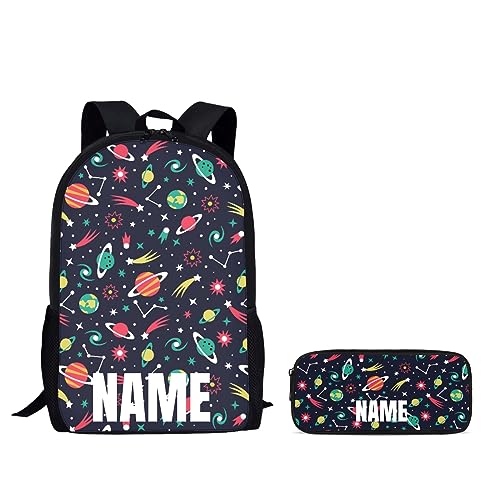 Kuiaobaty Kinder Schulrucksack von 2 Pack Kinder Schultasche mit Federmäppchen Große Kapazität Rucksack Stifteetui Set, Galaxie Planeten Name, Rucksack Rucksäcke von Kuiaobaty