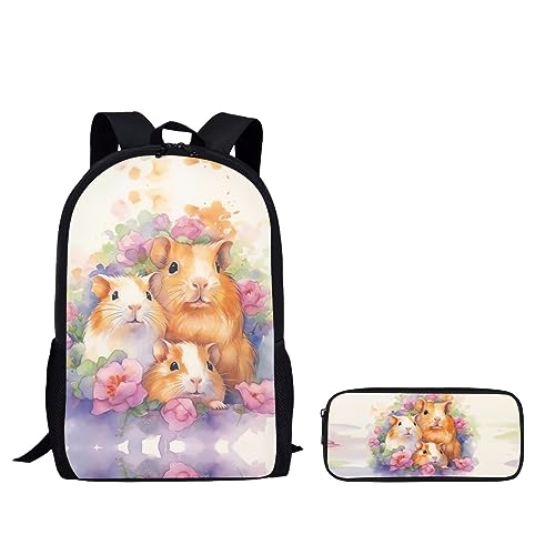 Kuiaobaty Kinder Schulrucksack von 2 Pack Kinder Schultasche mit Federmäppchen Große Kapazität Rucksack Stifteetui Set, Schriftart-Familie Meerschweinchen, Rucksack Rucksäcke von Kuiaobaty