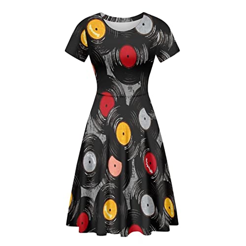 Kuiaobaty Korallen-Textur, Damen-Jersey-Kleid, Totenkopf, tägliche Outfits, Wickel-T-Shirt-Kleid, Musiknoten, Damen-Midikleid für Party, Arbeit, Musik-Vinyl-Schallplatten-Muster, X-Large von Kuiaobaty