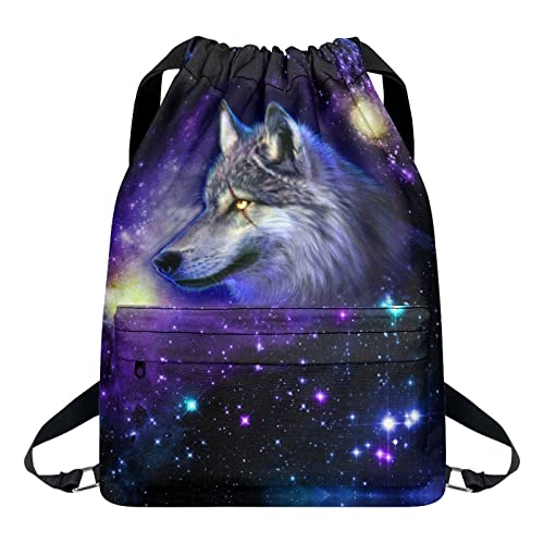 Kuiaobaty Kordelzugbeutel mit Reißverschlussfach, Schultasche, Sporttasche, Schwimmtasche oder Sporttasche, personalisierbar, Sternenhimmel Wolf von Kuiaobaty