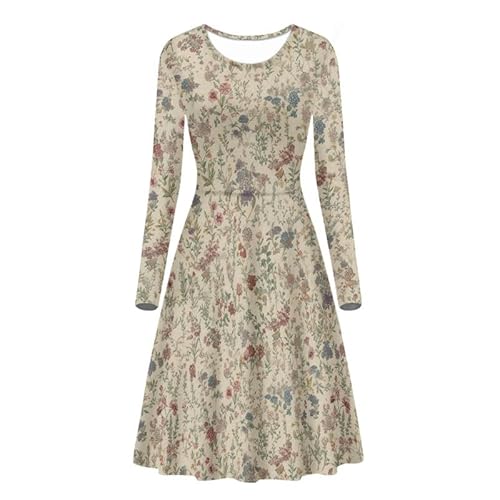 Kuiaobaty Langärmeliges Pulloverkleid für Damen, lässiges Midi-Kleid, Übergröße, floraler Rundhalsausschnitt, knielanges Kleid für Damen, Ditsy Floral Beige, X-Large von Kuiaobaty