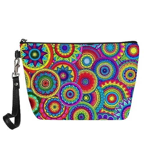 Kuiaobaty Leder Kosmetiktasche Frauen Schönheit Kosmetik Fall Beutel Damen Reise Make-up Tasche für Geldbörse Kulturbeutel, Farbiger Mandala-Druck, Taschen-Organizer von Kuiaobaty