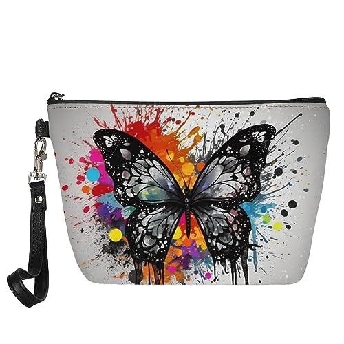 Kuiaobaty Leder Make-up Tasche Organizer Reise Kulturbeutel Mädchen Schönheit Tasche Frauen Kosmetiktasche Beutel für Geldbörse, Color Splash Schmetterling, Taschen-Organizer von Kuiaobaty