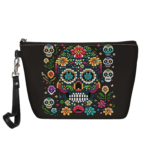 Kuiaobaty Leder Make-up Tasche Organizer Reise Kulturbeutel Mädchen Schönheit Tasche Frauen Kosmetiktasche Beutel für Geldbörse, Sugar Skulls Blumen, Taschen-Organizer von Kuiaobaty