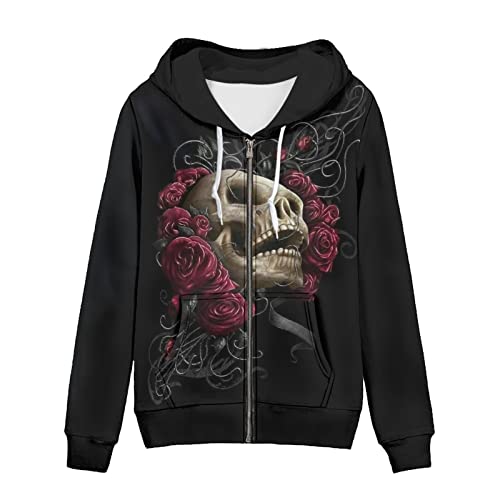 Kuiaobaty Mädchen-Lauf-Sportshirt, Workout-Kapuzenpullover für Damen, ethnische Streifen, Gothic-Totenkopf-Pullover, dünner Reißverschluss, Mantel mit Tasche, Totenkopf-Blumen, 42 von Kuiaobaty