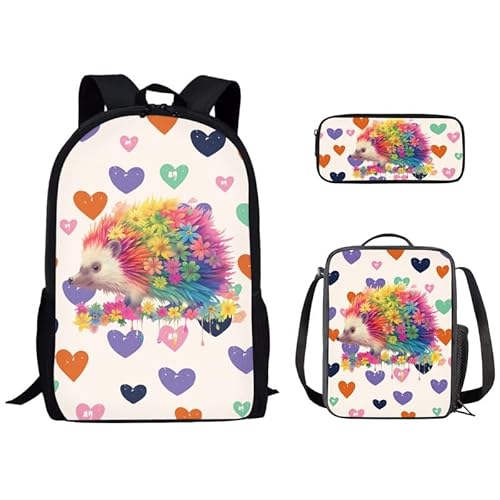 Kuiaobaty Mädchen-Rucksack-Sets mit Lunchbox, Federmäppchen, Zebrapfe, Delfin, Batikfärbung, Boho, lässiger Tagesrucksack, Schultaschen für Kinder und Jungen, Igel von Kuiaobaty