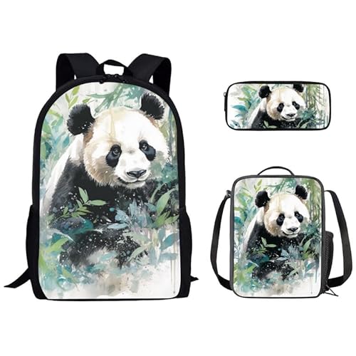 Kuiaobaty Mädchen-Rucksack-Sets mit Lunchbox, Federmäppchen, Zebrapfe, Delfin, Batikfärbung, Boho, lässiger Tagesrucksack, Schultaschen für Kinder und Jungen, Pandabär von Kuiaobaty