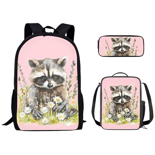 Kuiaobaty Mädchen-Rucksack-Sets mit Lunchbox, Federmäppchen, Zebrapfe, Delfin, Batikfärbung, Boho, lässiger Tagesrucksack, Schultaschen für Kinder und Jungen, Waschbär-Blumen von Kuiaobaty