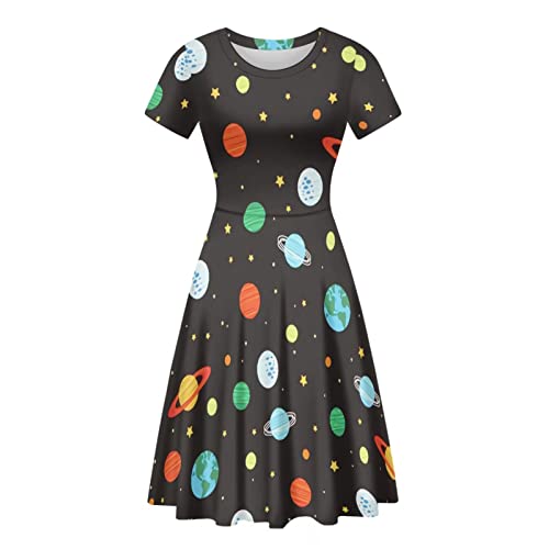 Kuiaobaty Midi-Kleid mit Rundhalsausschnitt für Mädchen, Musik, Schildkröten, Katzen, Planeten-Druck, Sommer, Urlaub, Swing-Kleid, Seestern, A-Linie, T-Shirt-Kleid, Planets, L von Kuiaobaty