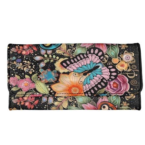 Kuiaobaty Modische Damen-Geldbörse, multifunktional, Clutch, Organizer, Kartenfächer, Reißverschlusstasche, schlanke Brieftasche für Frauen und Mädchen, Boho-Schmetterling-Blume, Casual von Kuiaobaty