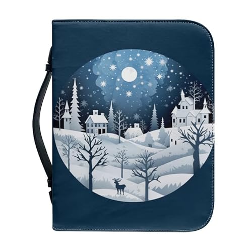 Kuiaobaty Night Town Buchtasche mit Griff, mit Reißverschluss, Weihnachten, Mond, Sterne, Kunstleder, Buchhüllen mit Stifttasche innen von Kuiaobaty