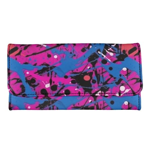 Kuiaobaty Pfau Print Tri-gefaltete Brieftasche Frauen Lange Brieftasche Mental Schnalle, Floral Damen Kartenhalter Handtasche Geld Tasche, Splatter Pink Blau, Casual von Kuiaobaty