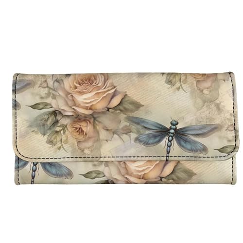 Kuiaobaty Pfau Print Tri-gefaltete Brieftasche Frauen Lange Brieftasche Mental Schnalle, Floral Damen Kartenhalter Handtasche Geld Tasche, Vintage Libelle Rose, Casual von Kuiaobaty