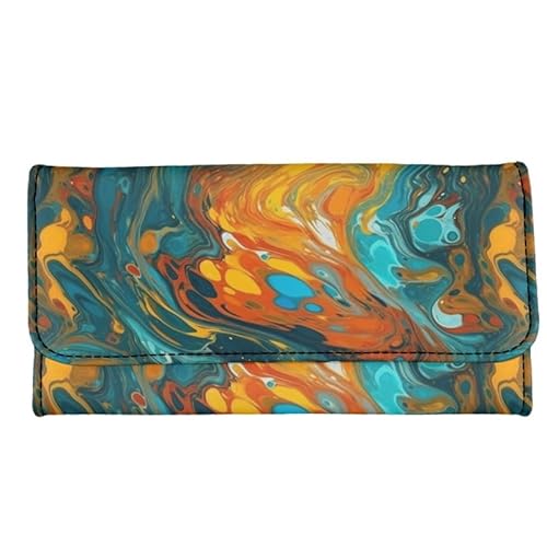 Kuiaobaty Roar Tiger Print Damen Trifold Lange Brieftasche, Pfingstrose Blumen Leder Clutch Tasche Frauen Kartenhalter Reißverschluss Bargeld Tasche, Fluid Teal Orange, Casual von Kuiaobaty