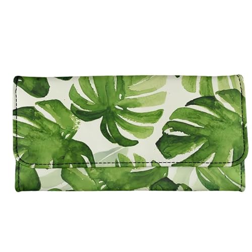 Kuiaobaty Roar Tiger Print Damen Trifold Lange Brieftasche, Pfingstrose Blumen Leder Clutch Tasche Frauen Kartenhalter Reißverschluss Bargeld Tasche, Monstera-Blatt, Casual von Kuiaobaty