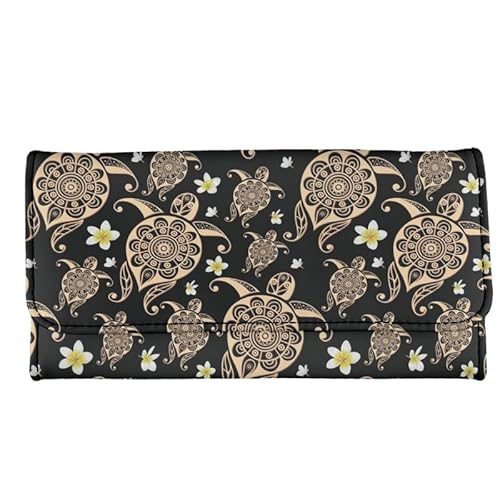 Kuiaobaty Roar Tiger Print Damen Trifold Lange Brieftasche, Pfingstrose Blumen Leder Clutch Tasche Frauen Kartenhalter Reißverschluss Bargeld Tasche, Stammes-Hibiskus-Schildkröten, Casual von Kuiaobaty