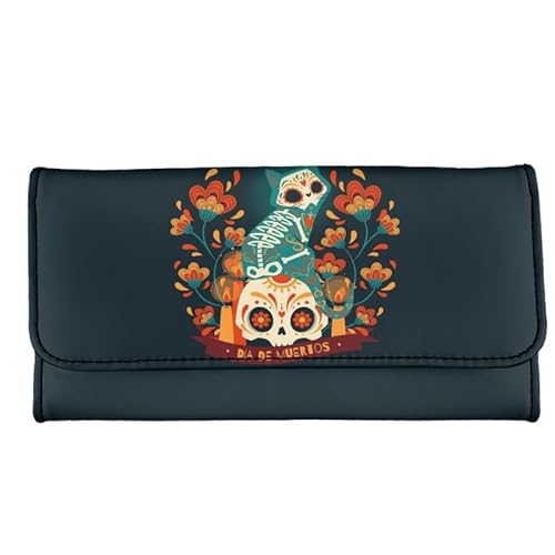 Kuiaobaty Roar Tiger Print Damen Trifold Lange Brieftasche, Pfingstrose Blumen Leder Clutch Tasche Frauen Kartenhalter Reißverschluss Bargeld Tasche, Sugar Skull Cat, Casual von Kuiaobaty