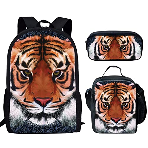 Kuiaobaty Rucksack-Sets für Teenager, Mädchen, Jungen, Galaxie, Sonnenblume, Hund, Wolf, Totenköpfe, Schultasche, Büchertasche, Rucksack, Lunchtasche, Federmäppchen, Tiger-Malerei von Kuiaobaty