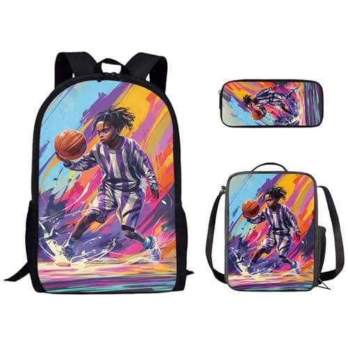 Kuiaobaty Schulranzen-Set für Jungen und Mädchen, Rucksack mit Lunch-Tasche, lebendige Tiere, Schultasche, leichte Büchertasche mit Federmäppchen, Basketball-Boy-Aufdruck von Kuiaobaty