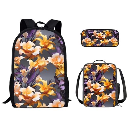 Kuiaobaty Schulranzen-Set für Jungen und Mädchen, Rucksack mit Lunch-Tasche, lebendige Tiere, Schultasche, leichte Büchertasche mit Federmäppchen, Gelb, Blumen von Kuiaobaty