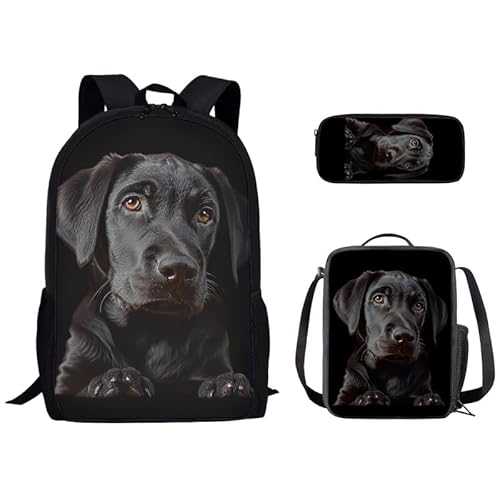 Kuiaobaty Schulranzen-Set für Jungen und Mädchen, Rucksack mit Lunch-Tasche, lebendige Tiere, Schultasche, leichte Büchertasche mit Federmäppchen, Lebendiger schwarzer Hund von Kuiaobaty