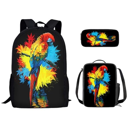 Kuiaobaty Schulranzen-Set für Jungen und Mädchen, Rucksack mit Lunch-Tasche, lebendige Tiere, Schultasche, leichte Büchertasche mit Federmäppchen, Papagei von Kuiaobaty