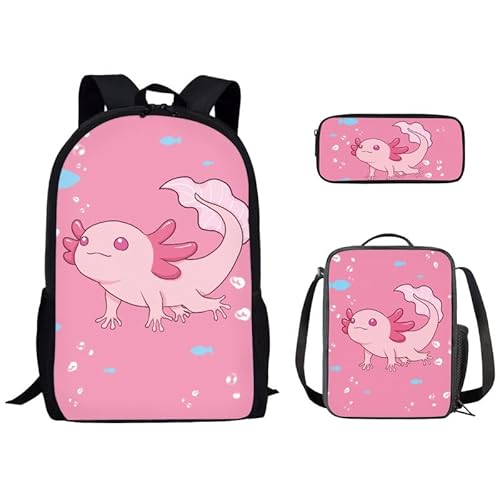 Kuiaobaty Schulranzen-Set für Jungen und Mädchen, Rucksack mit Lunch-Tasche, lebendige Tiere, Schultasche, leichte Büchertasche mit Federmäppchen, Rosa Axolotl von Kuiaobaty