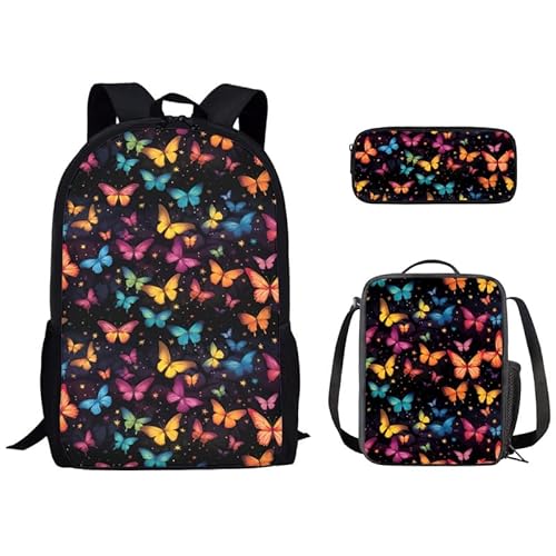 Kuiaobaty Schulranzen-Set für Jungen und Mädchen, Rucksack mit Lunch-Tasche, lebendige Tiere, Schultasche, leichte Büchertasche mit Federmäppchen, Schmetterling von Kuiaobaty