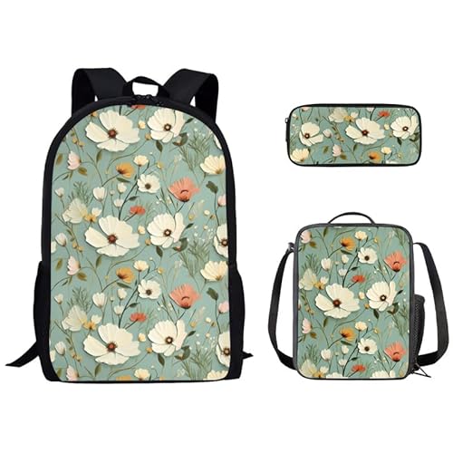Kuiaobaty Schulranzen-Set für Jungen und Mädchen, Rucksack mit Lunch-Tasche, lebendige Tiere, Schultasche, leichte Büchertasche mit Federmäppchen, Wildblumen von Kuiaobaty